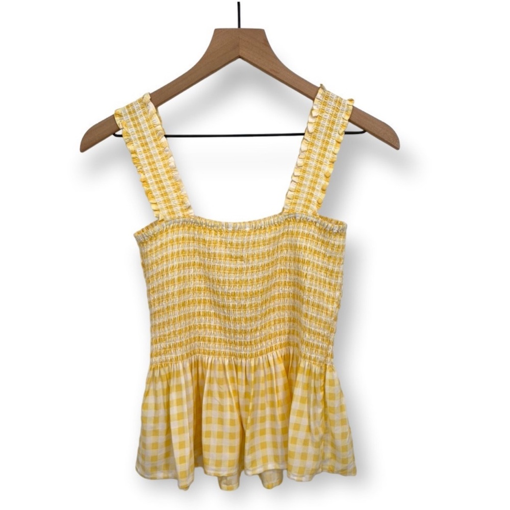 ELODIE Smocked Peplum Tank Top Plaid Yellow Square Neck Gingham Size Small